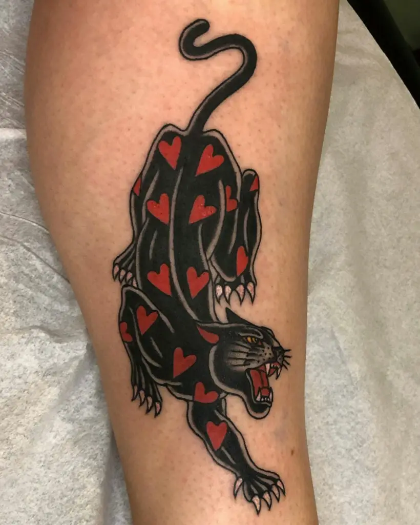 Red Heart Pattern in Black Panther Leg Tattoo
