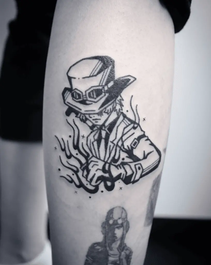 Sabo Wearing Hat and Suit With Fire Fist Leg Tattoo
