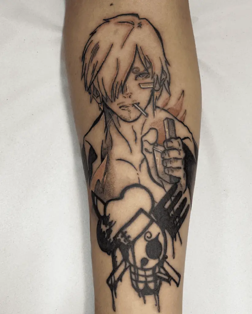 Sanji Holding a Lighter With Chef Pirate Skull Arm Tattoo