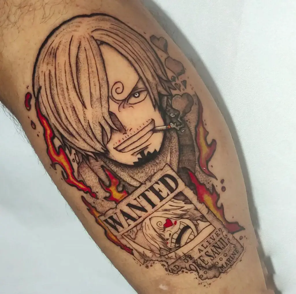Sanji With Flames and Burning Wanted Poster Leg Tattoo