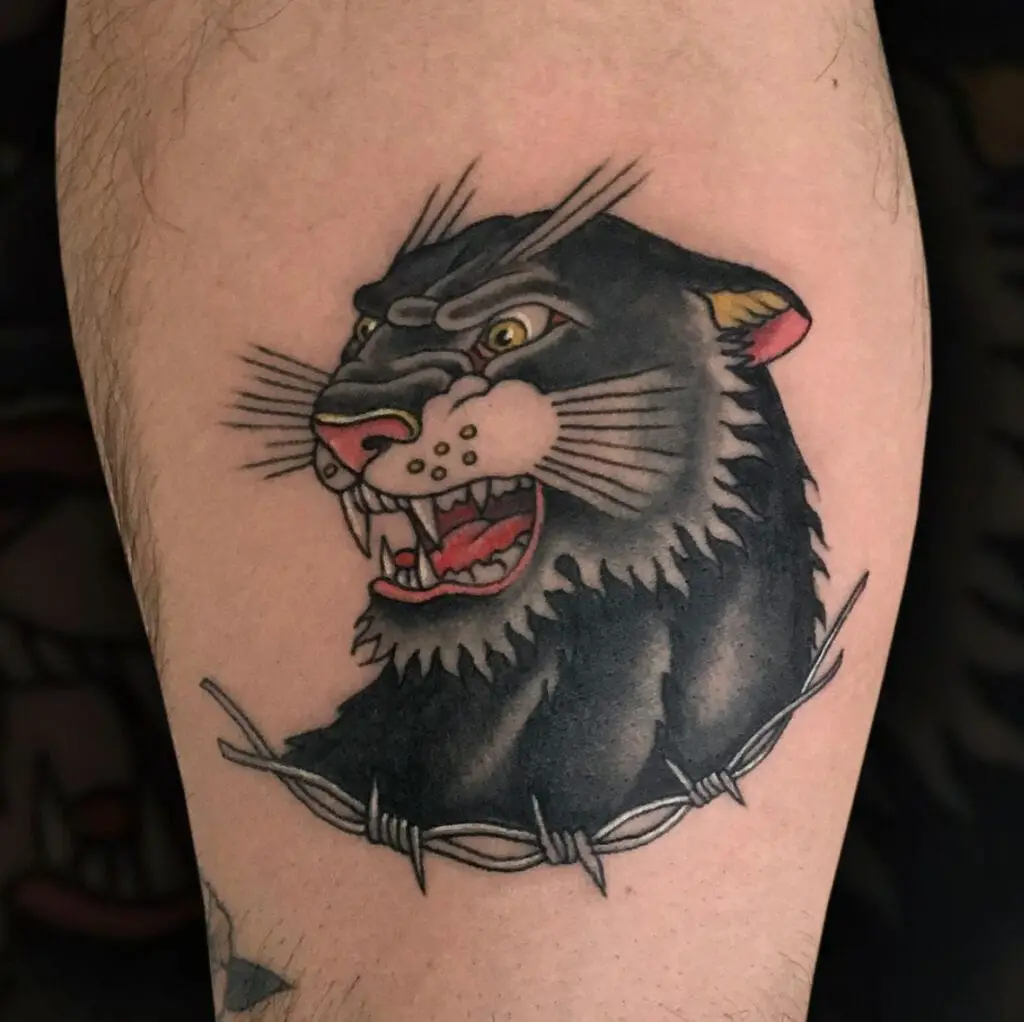 Side View Black Panther With Barbed Wire Thigh Tattoo