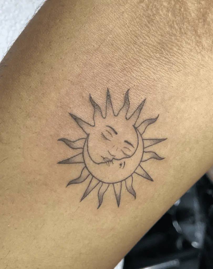 Simple Detailed Black Sun and Moon Arm Tattoo