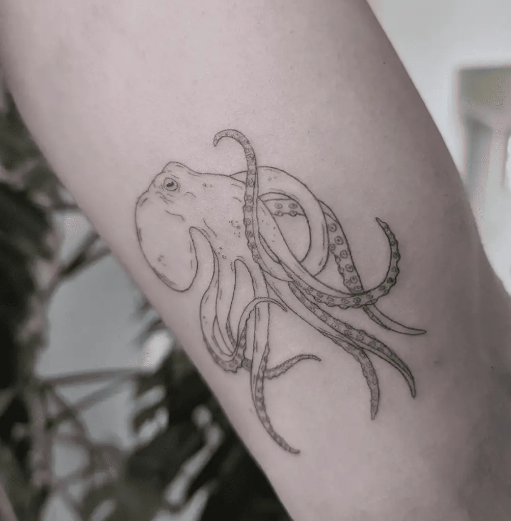 Simple Fine Line Kraken Arm Tattoo