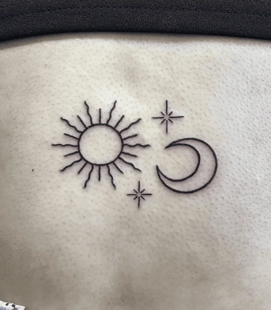 Simple Line Art Sun and Moon With Stars Tattoo