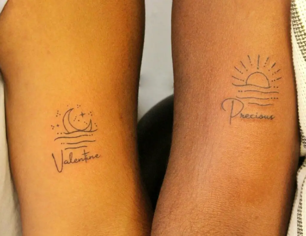 Simple Line Art of Sun and Moon Waves With Names Text Arm Couples Tattoo