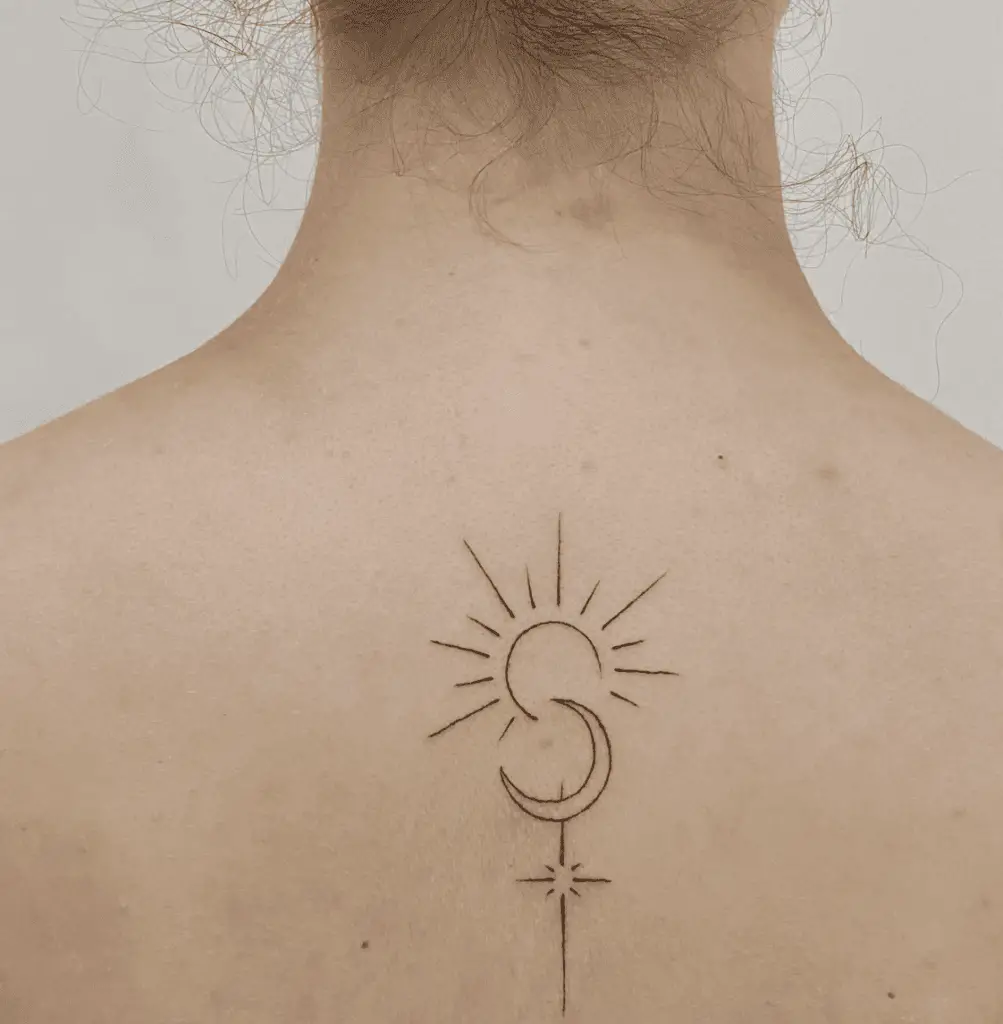 Simple Line Sun, Crescent Moon and Stars Alinged Vertically Back Tattoo