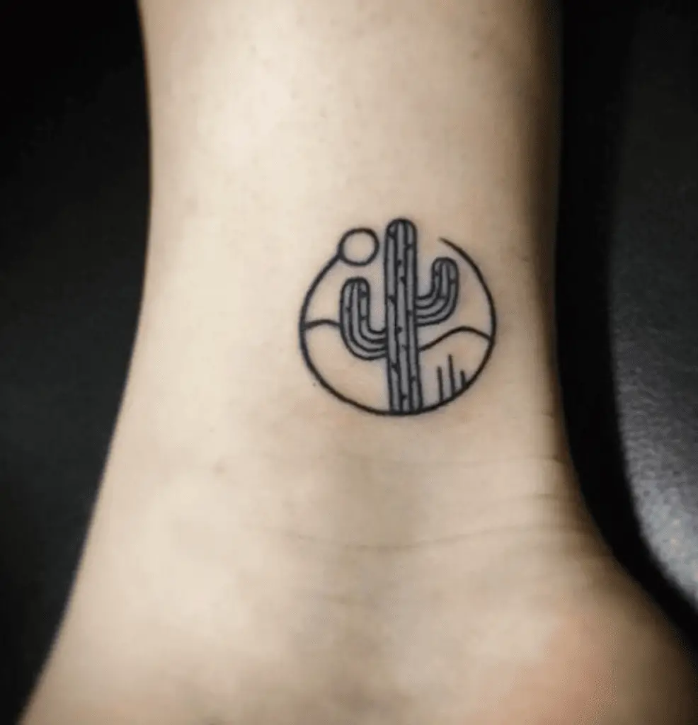 Small Cactus in Landform Circle Shape Ankle Tattoo
