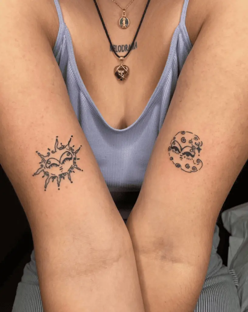 Small Whimsical Sun and Moon Faces on Both Arms Tattoo