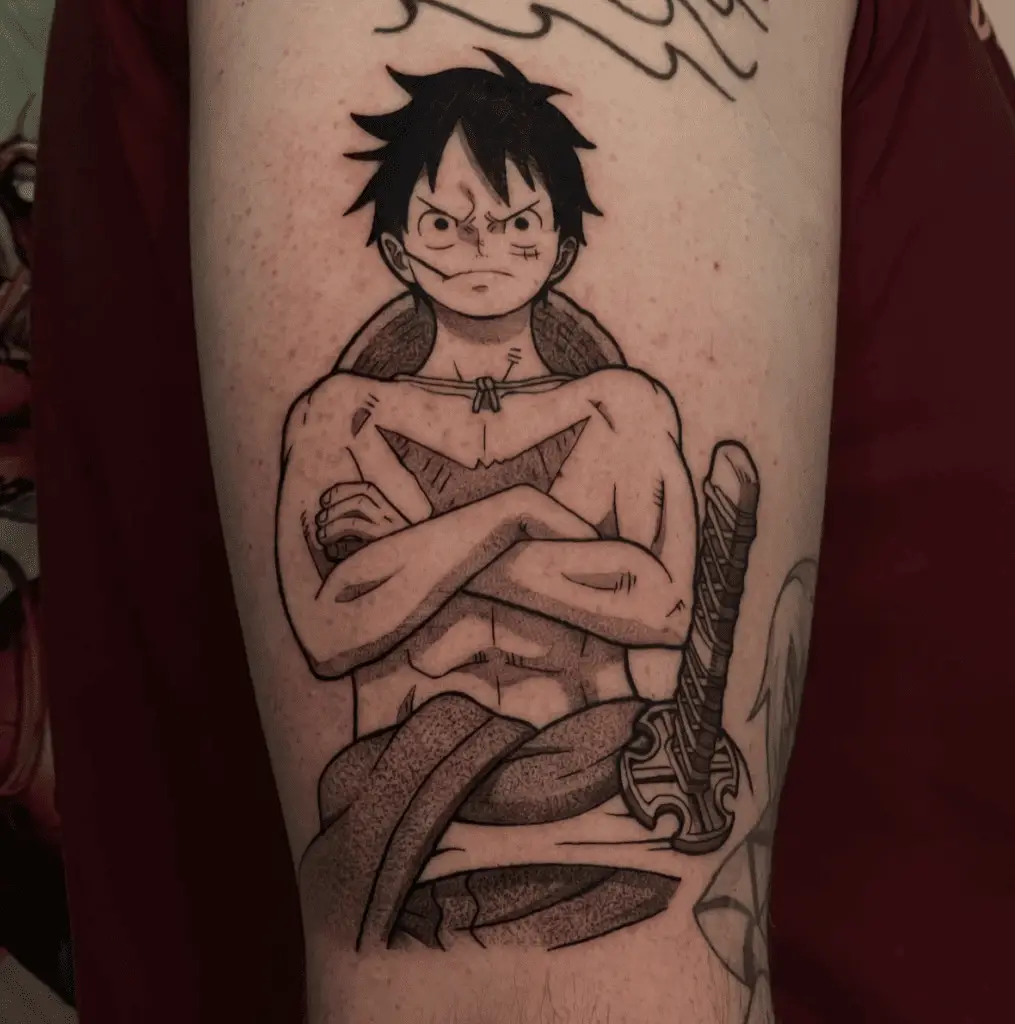 Standing Luffy With Crossed Arms Leg Tattoo