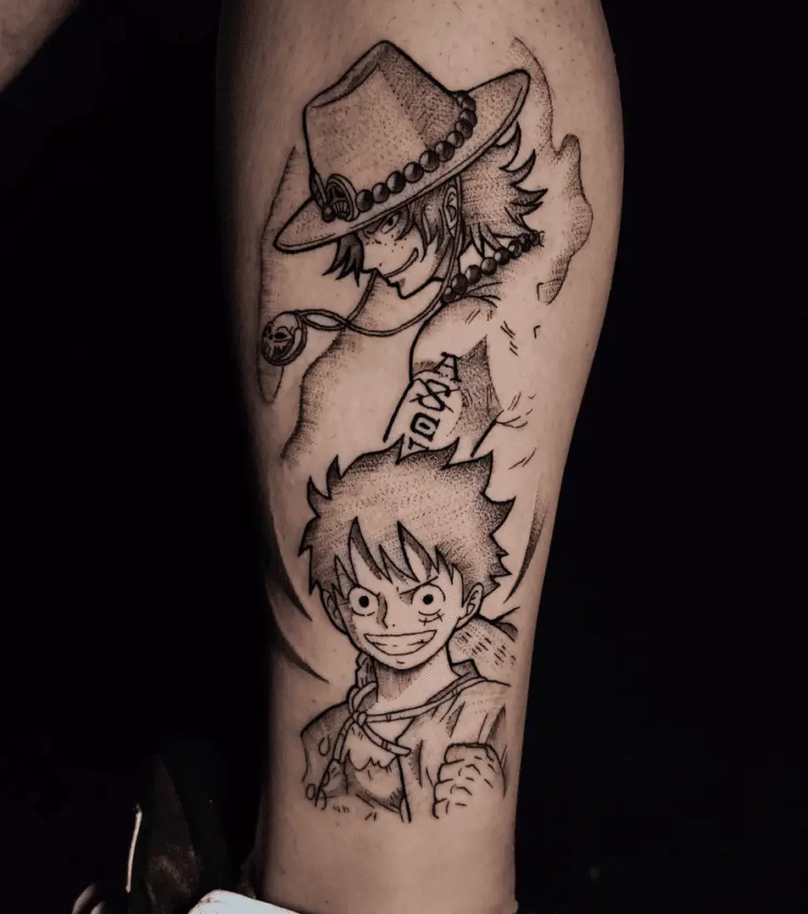 Stippling Ace With Luffy Leg Tattoo