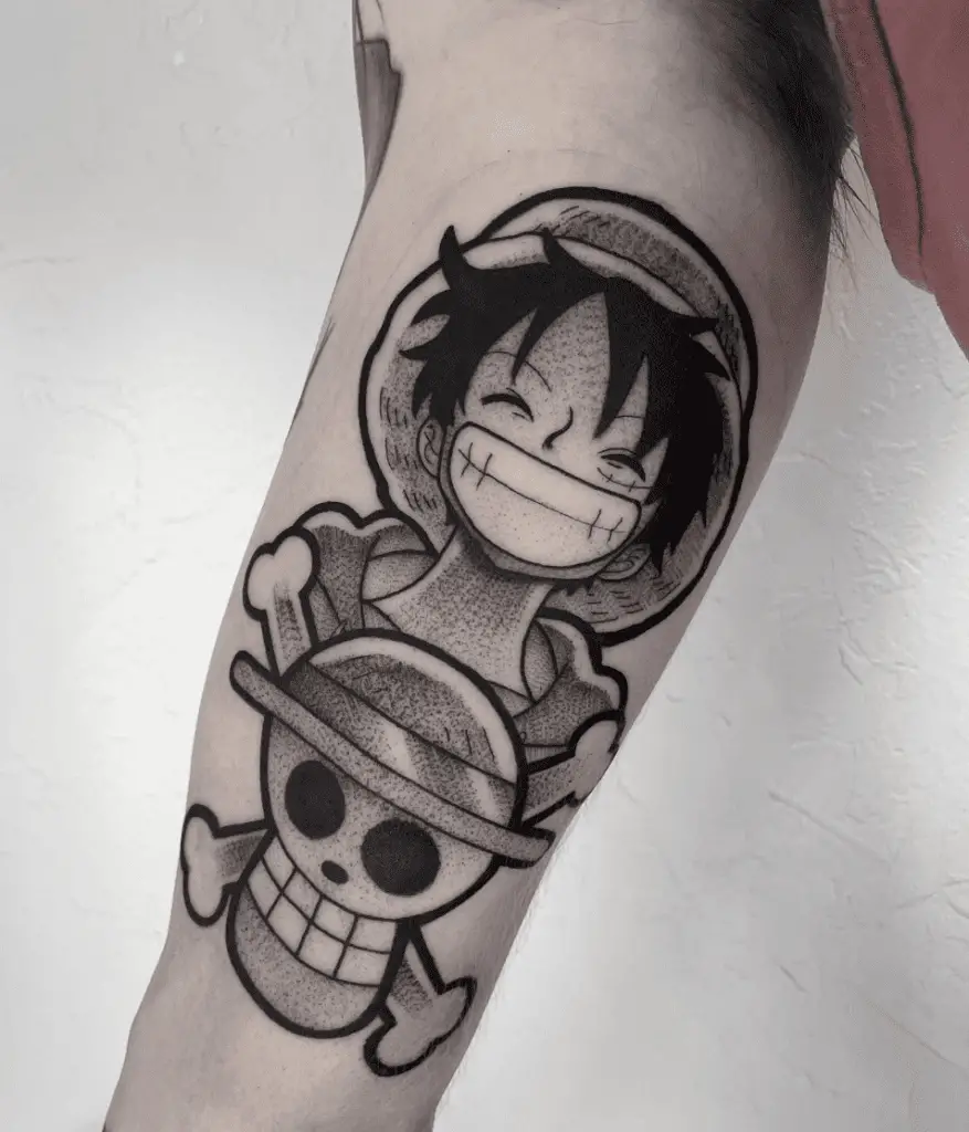 Stippling Luffy Smilling With Straw Hat Pirate Skull Arm Tattoo