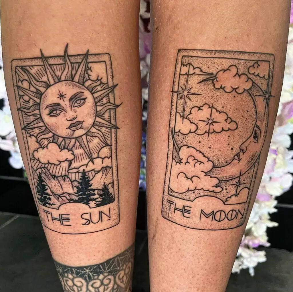 Sun Above Mountain and Cloudy Cresent Moon Tarot Cards Leg Tattoo