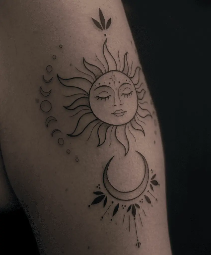Sun Face and Crescent Moon With Ornaments Design and Moon Phase Arm Tattoo