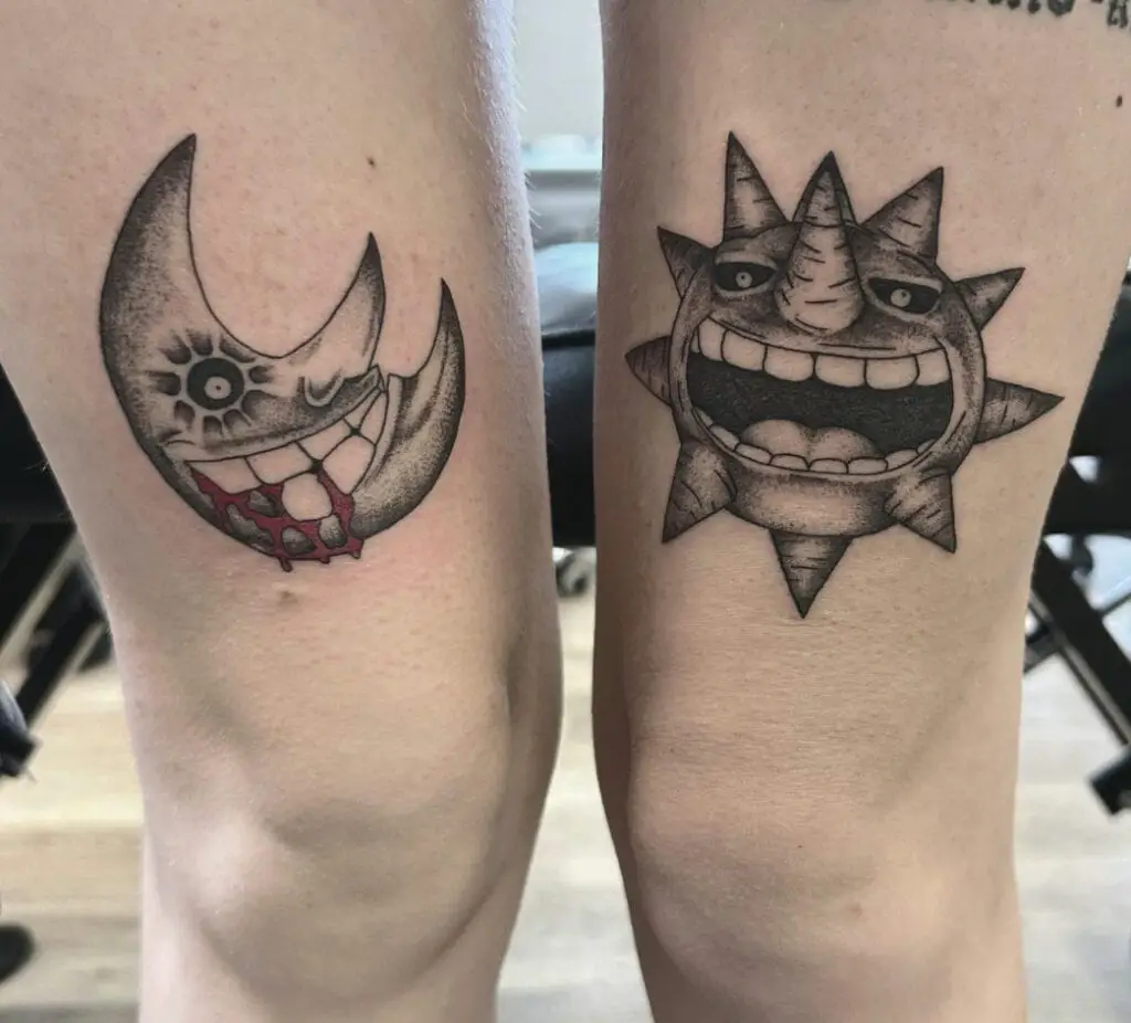 Sun Laughing and Crescent Moon Dripping Blood Through His Mouth Thigh Tattoo