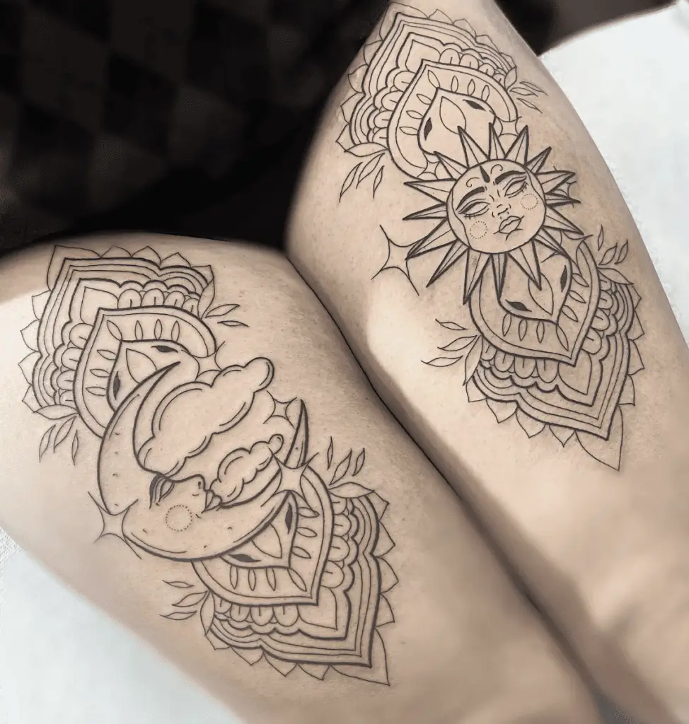 Sun and Moon Face With Mandala Flowers and Clouds Thigh Tattoo