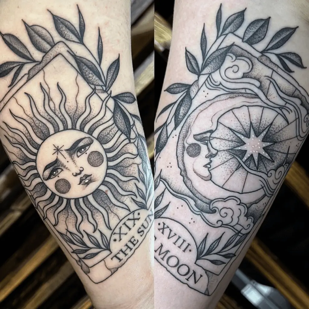 Sun and Moon Surrounded by Leaves Tarot Card Leg Tattoo