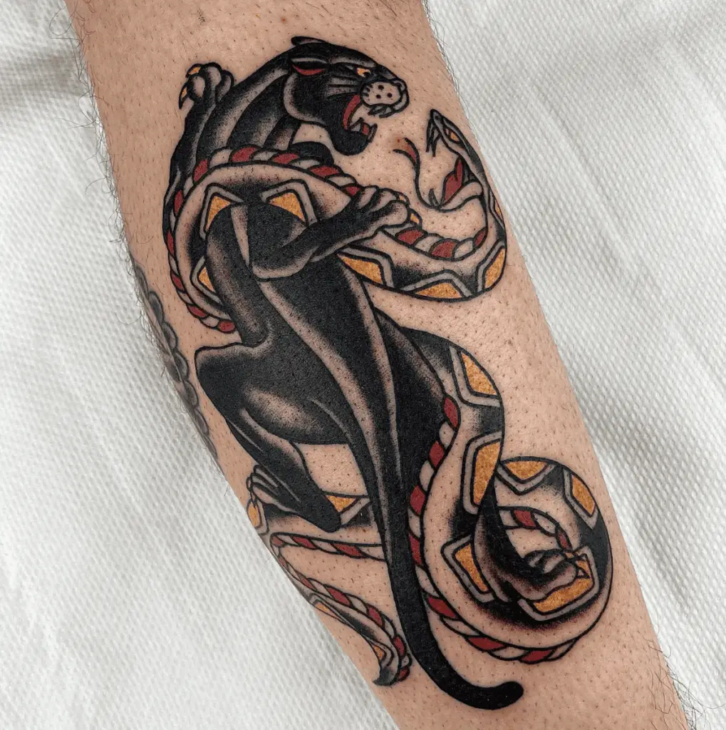 Traditional Black Panther WIth Snake Leg Tattoo