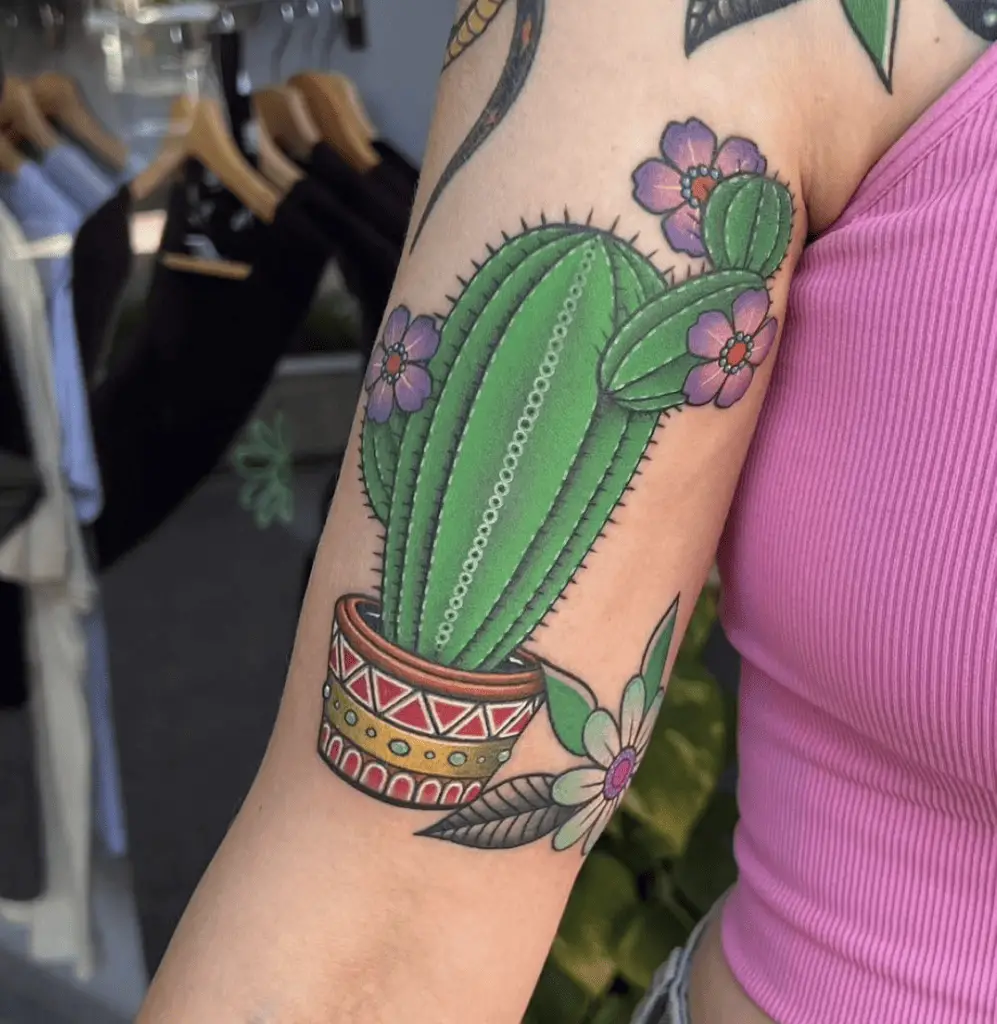 Traditional Potted Cactus and Flowers Upper Arm Tattoo