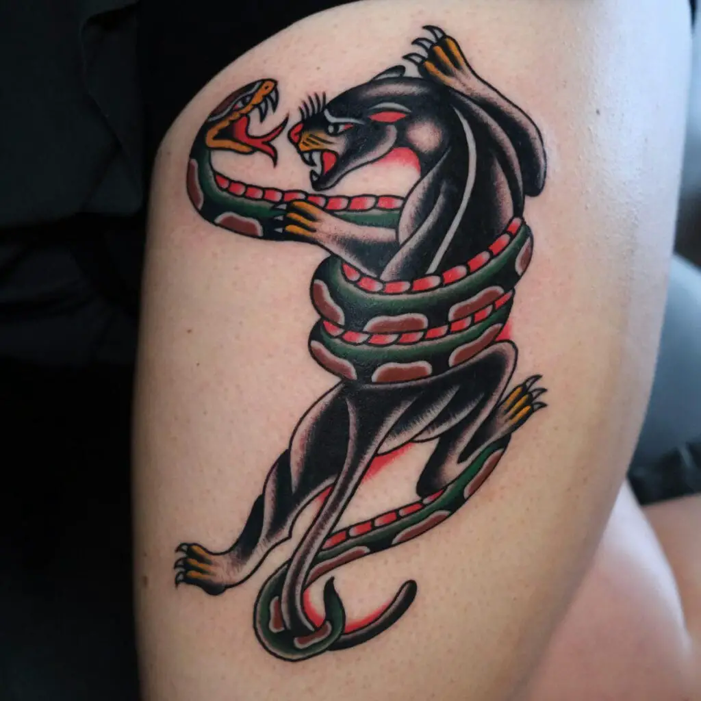 Traditional Snake Wrapped Around the Black Panther Thigh Tattoo
