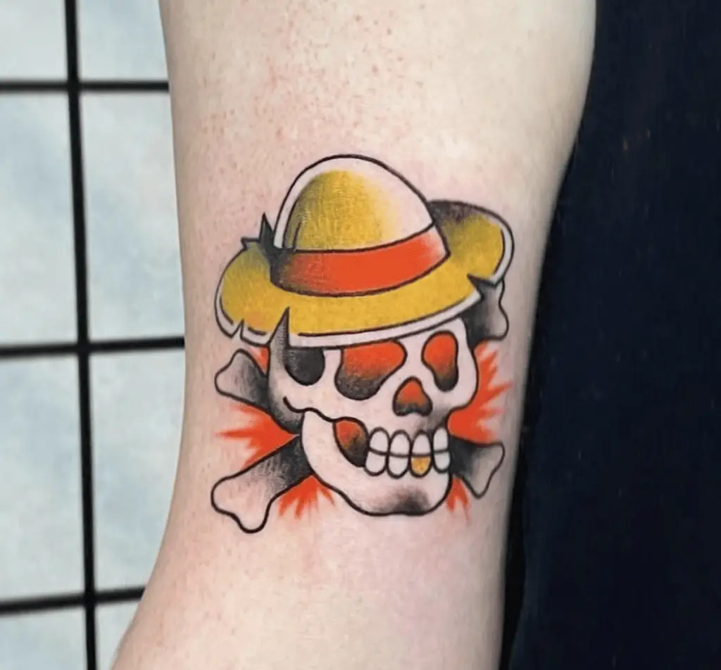 Traditional Straw Hat Pirate Skull Arm Tattoo