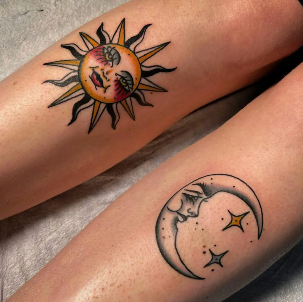 Traditional Sun and Crescent Moon Faces on Two Legs Tattoo