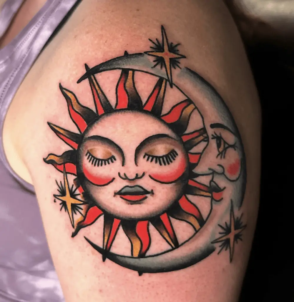 Traditional Sun and Crescent Moon With By Stars Arm Tattoo