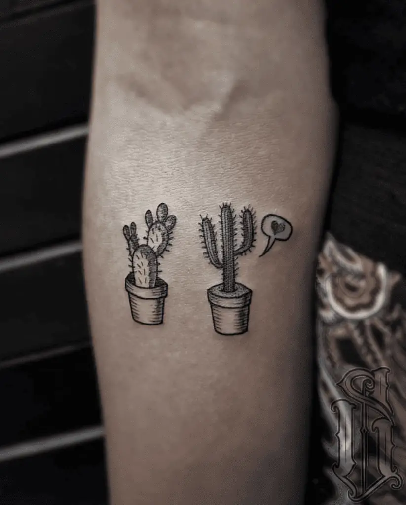 Two Cactus With Heart in Speech Bubble Arm Tattoo
