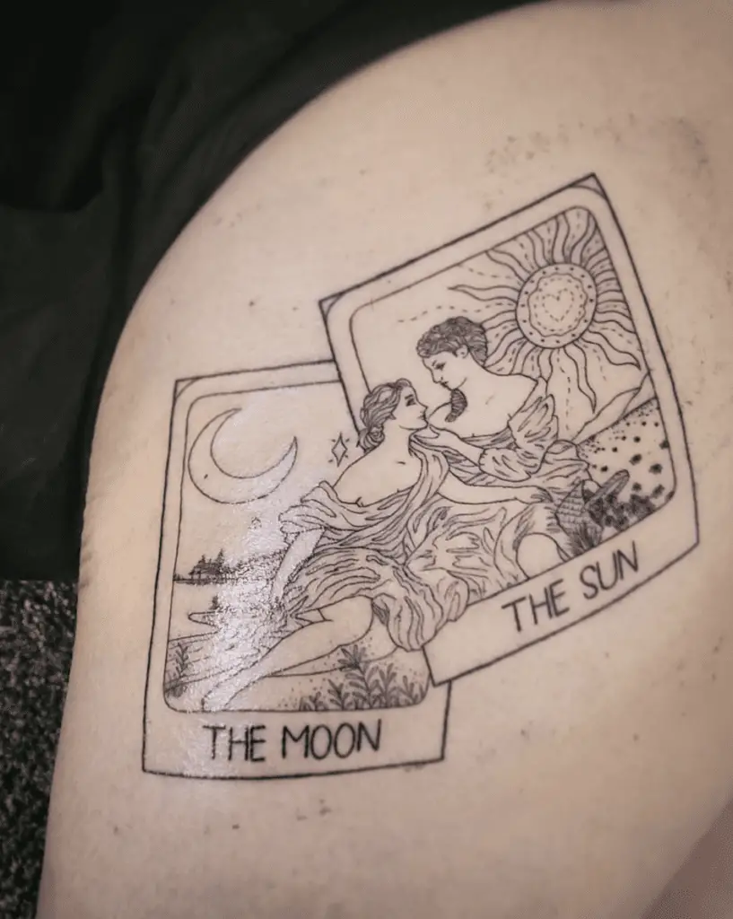 Two Girl Lovers With Sun And Moon Tarot Card Arm Tattoo
