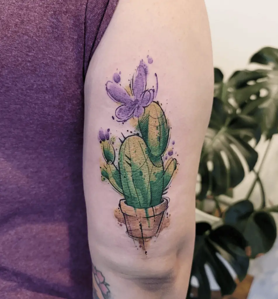 Watercolor Cactus Upper Arm Tattoo