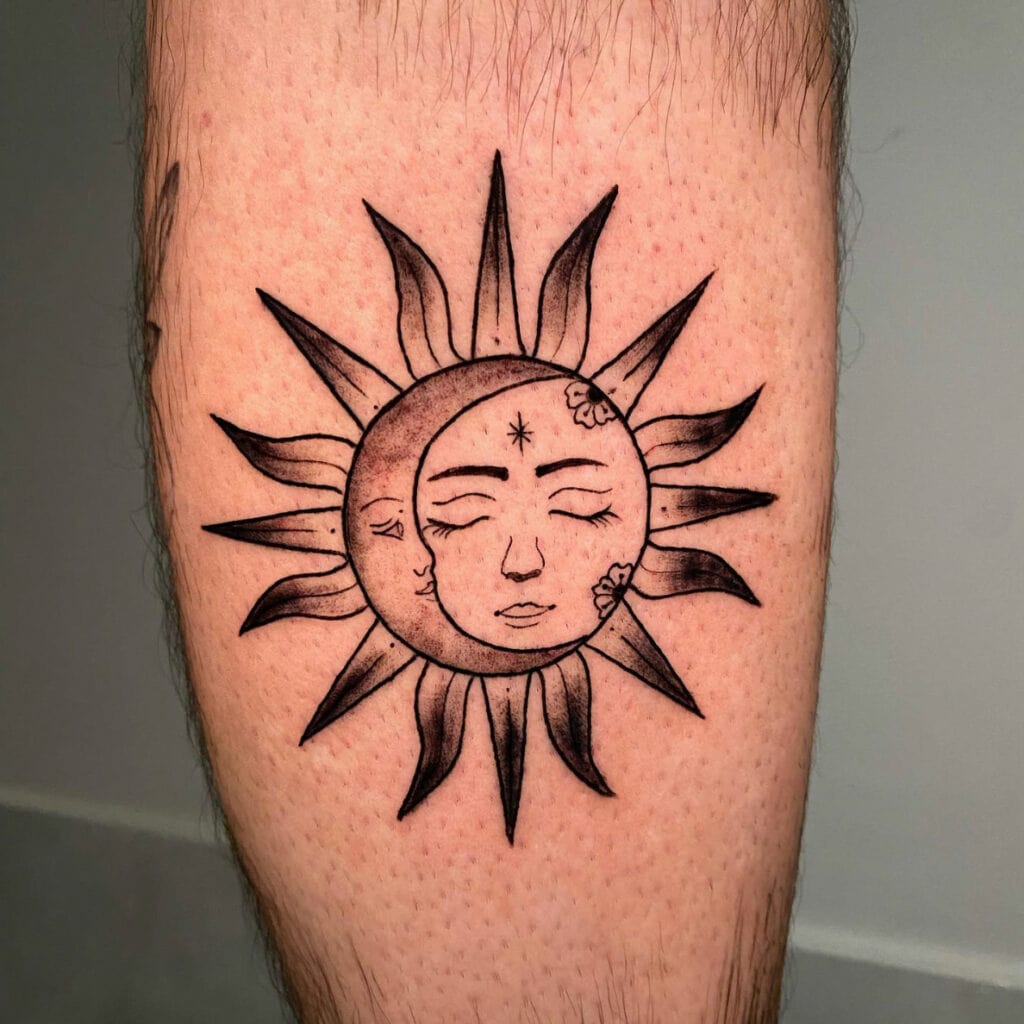 Whip Shade Floral Sun and Moon Face Leg Tattoo