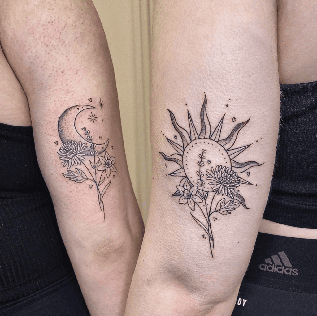 Whip Shade Sun and Moon With Flowers Matching Tattoo