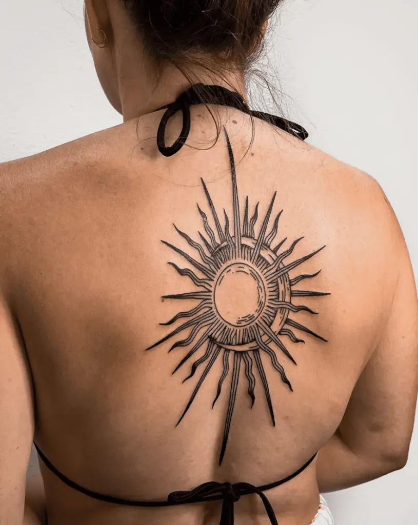 Wide Detailed Black Sun and Moon Back Tattoo