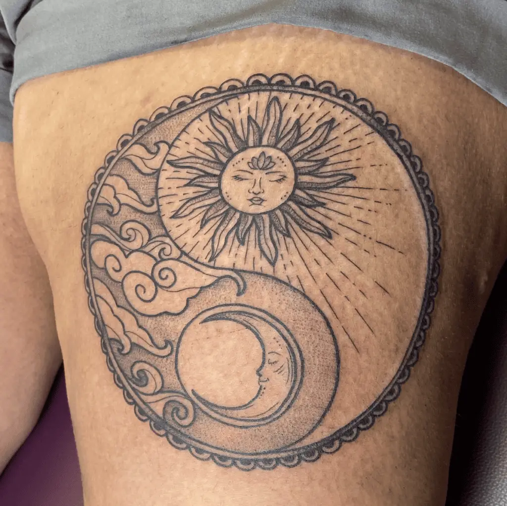 Yin Yang Bright Sun and Moon in Waves Thigh Tattoo