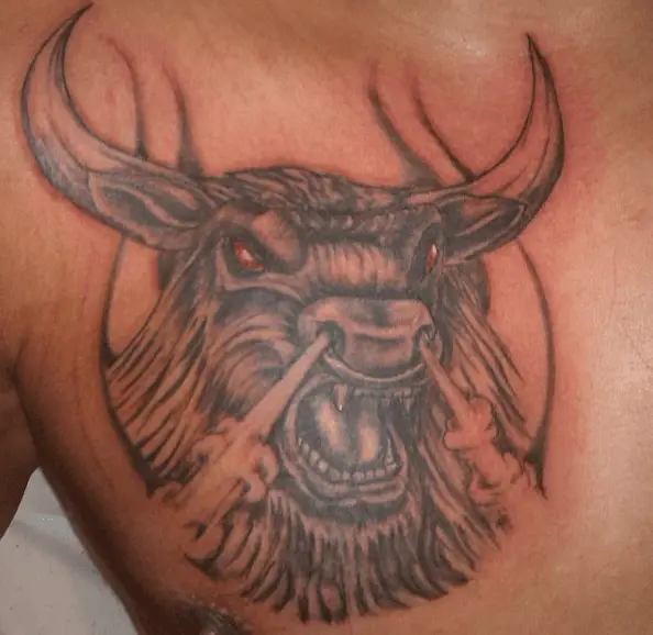 Red Eyed Angry Bull Chest Tattoo