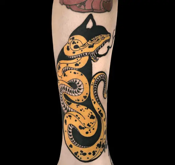 Black and Yellow Cat and Snake Japanese Surrealism Tattoo Piece