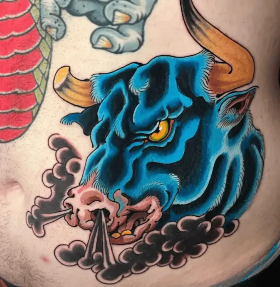 Neon Blue Angry Bull Head Tummy Tattoo