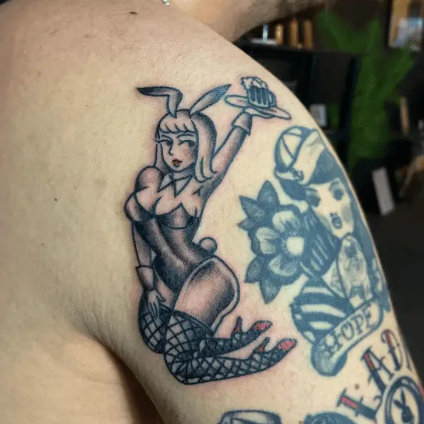Erotic Woman in Playboy Bunny Attire Tattoo