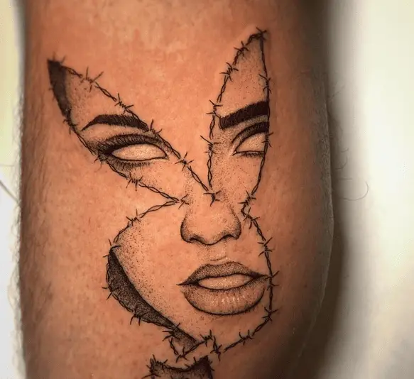 Barbed Wire Playboy Bunny Woman Face Tattoo 