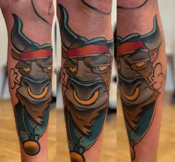 Colored Red Bull Leg Tattoo