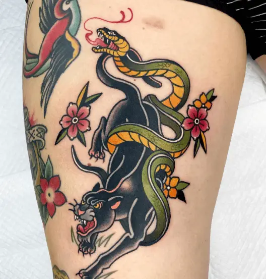 Black Panther and Green Snake with Florals Tattoo