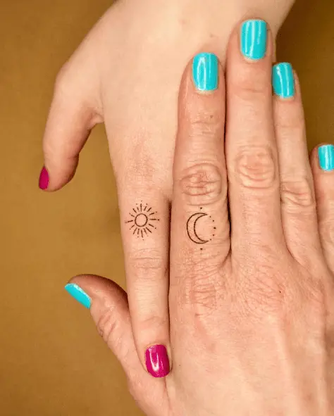Tiny Sun and Moon Finger Tattoo