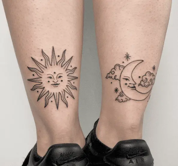 Smiling Sun and Moon Leg Tattoo