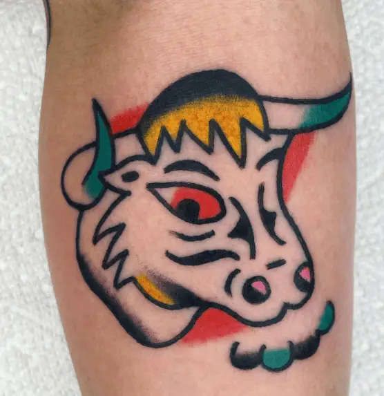 Black Line Bull Tattoo with Color Splashes