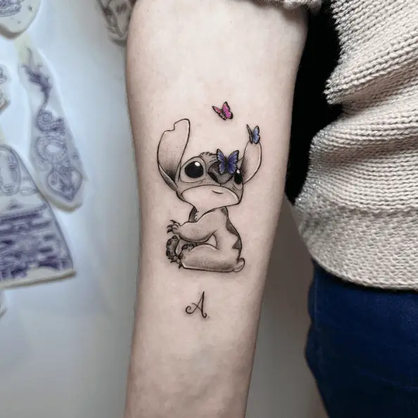 Greyscale Little Stitch with Colorful Butterflies Tattoo