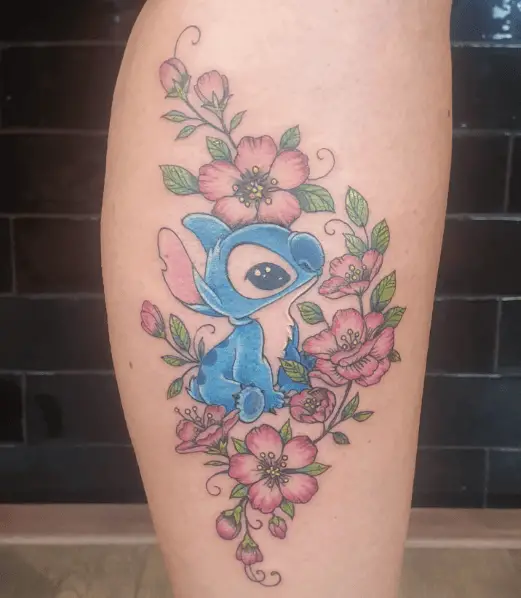 Blue Ink Stitch and Pink Florals Tattoo
