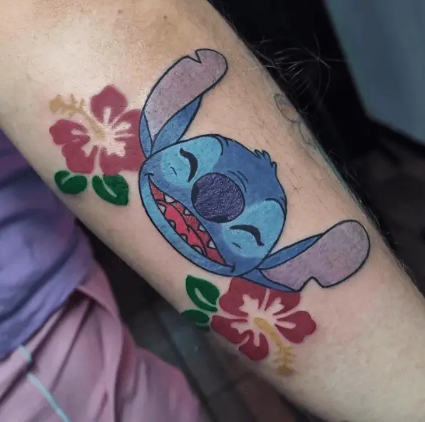 Stitch Face and Hibiscus Flower Tattoo