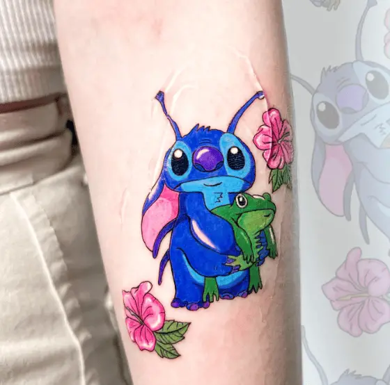 Stitch with a Frog and Flowers Tattoo