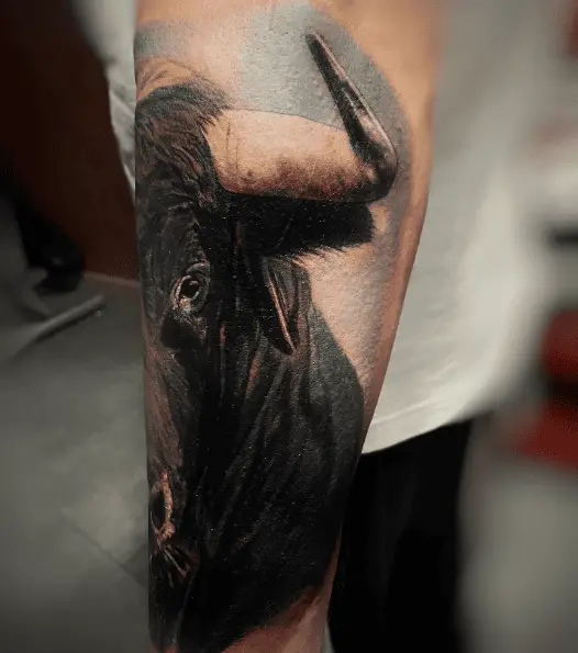 Black Ink Realistic Bull Forearm Tattoo