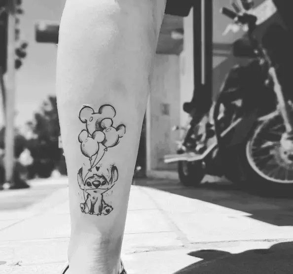 Stitch and Mickey Mouse Balloon Leg Tattoo