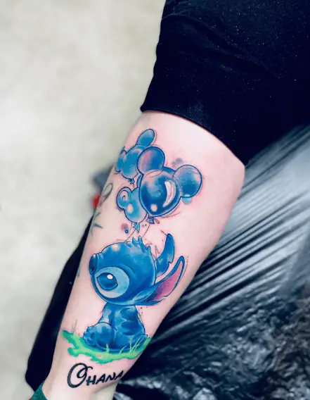 Blue Ink Stitch with Balloons Tattoo